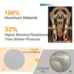 Advertisement comparing aluminum material to other products with a statue and metal samples.
