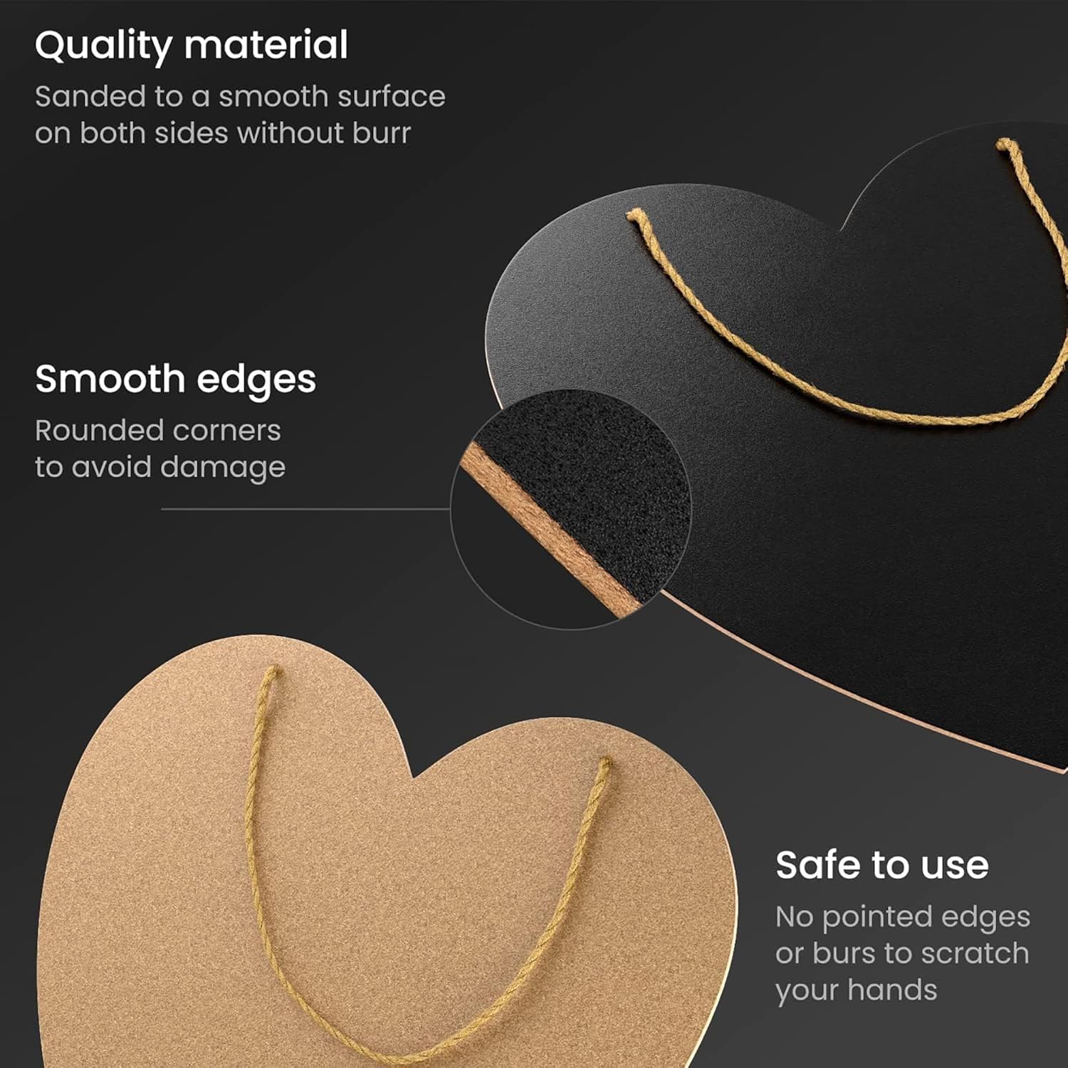 Heart-shaped black and brown objects with string, labeled for quality material and safety features.