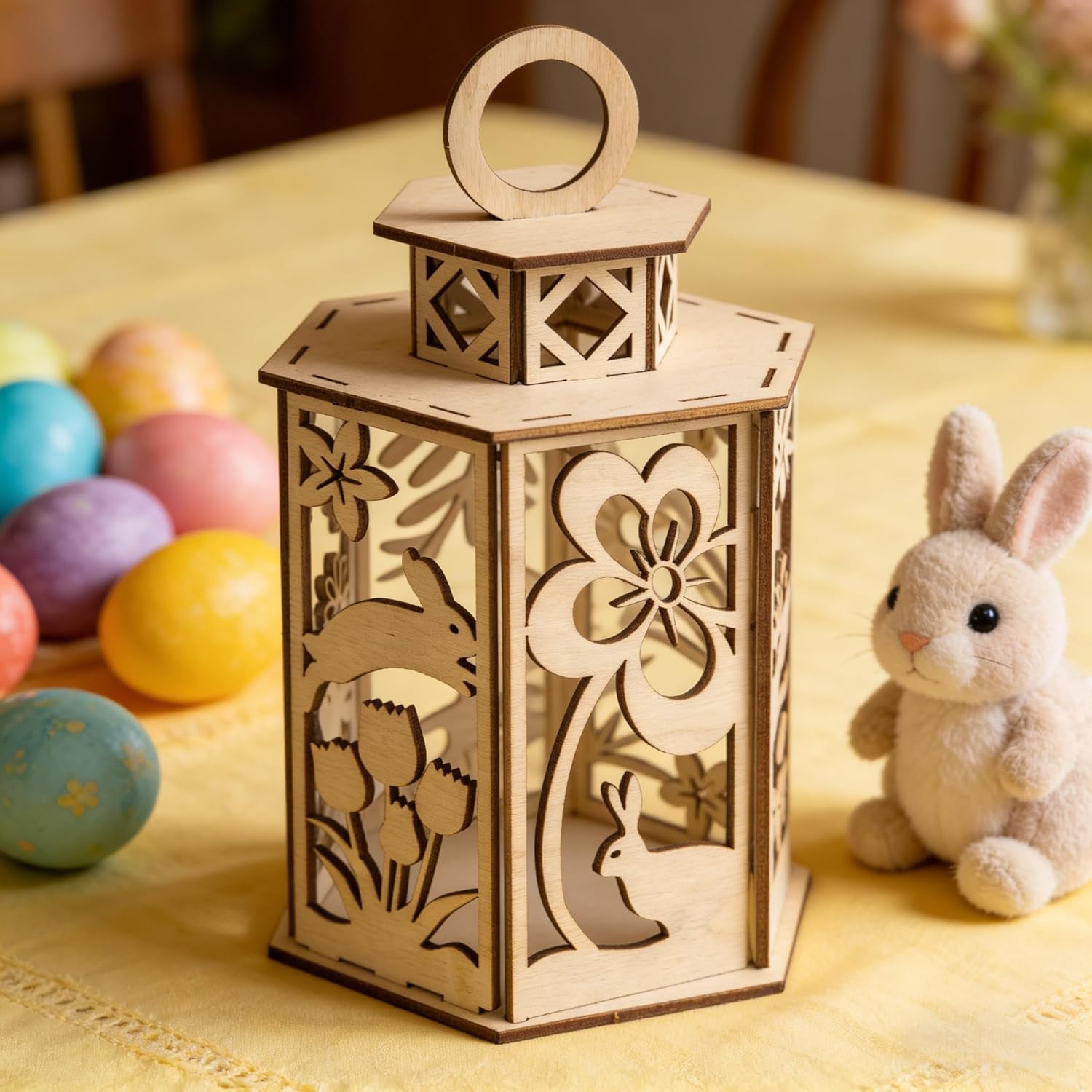 decorative wooden Easter lantern with bunny design for shelf table