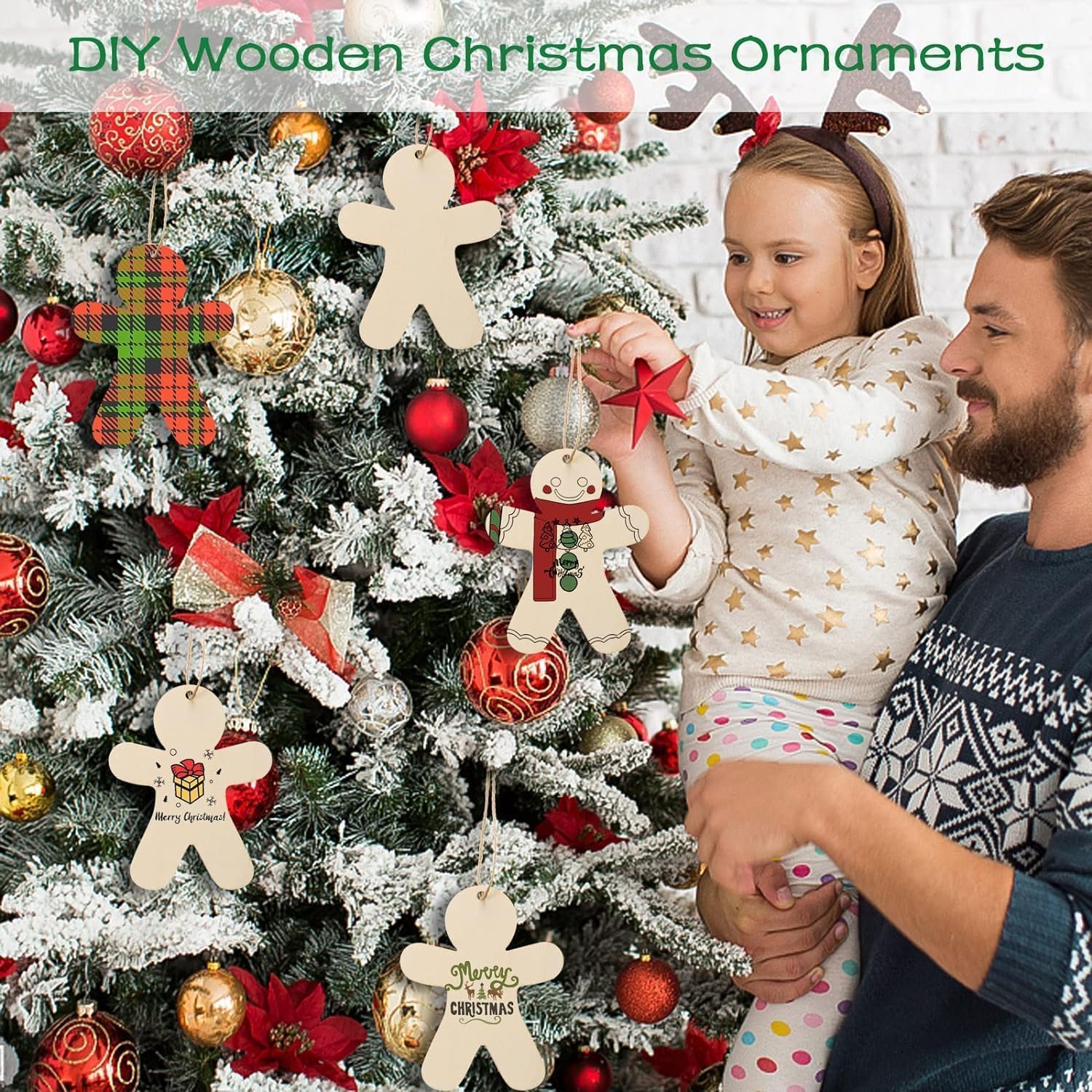 Father and daughter decorating a Christmas tree with DIY wooden ornaments.