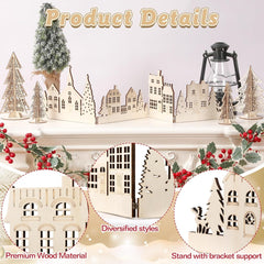 Wooden Christmas village scene with houses, trees, and lantern on a mantelpiece.