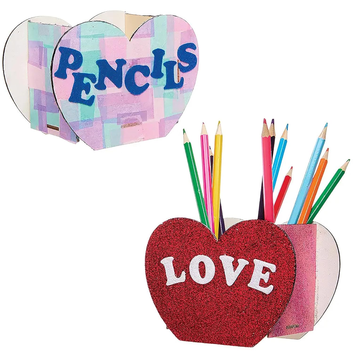 Heart-shaped pencil holder with 'LOVE' on a white background