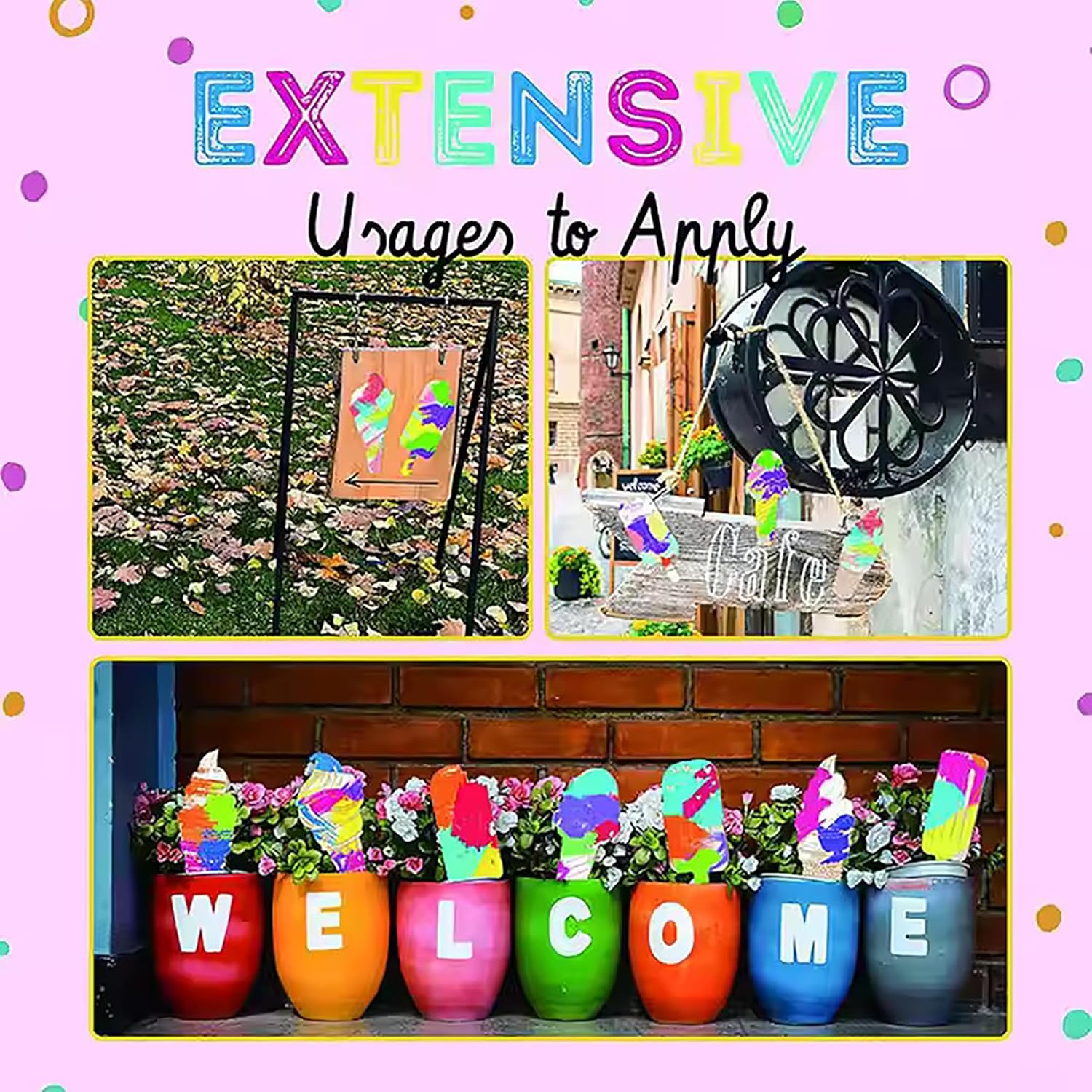 Colorful 'WELCOME' pots with decorative items on a pink background with text about extensive uses.