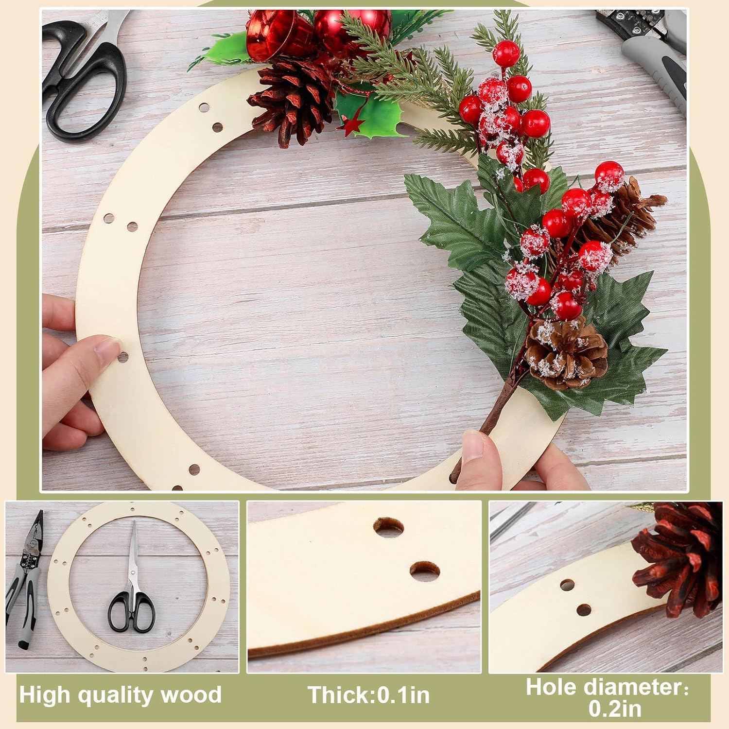 Wooden wreath frame with Christmas decorations on a wooden surface
