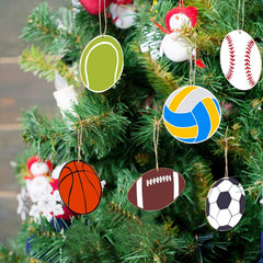 Decorative sports-themed ornaments on a Christmas tree.