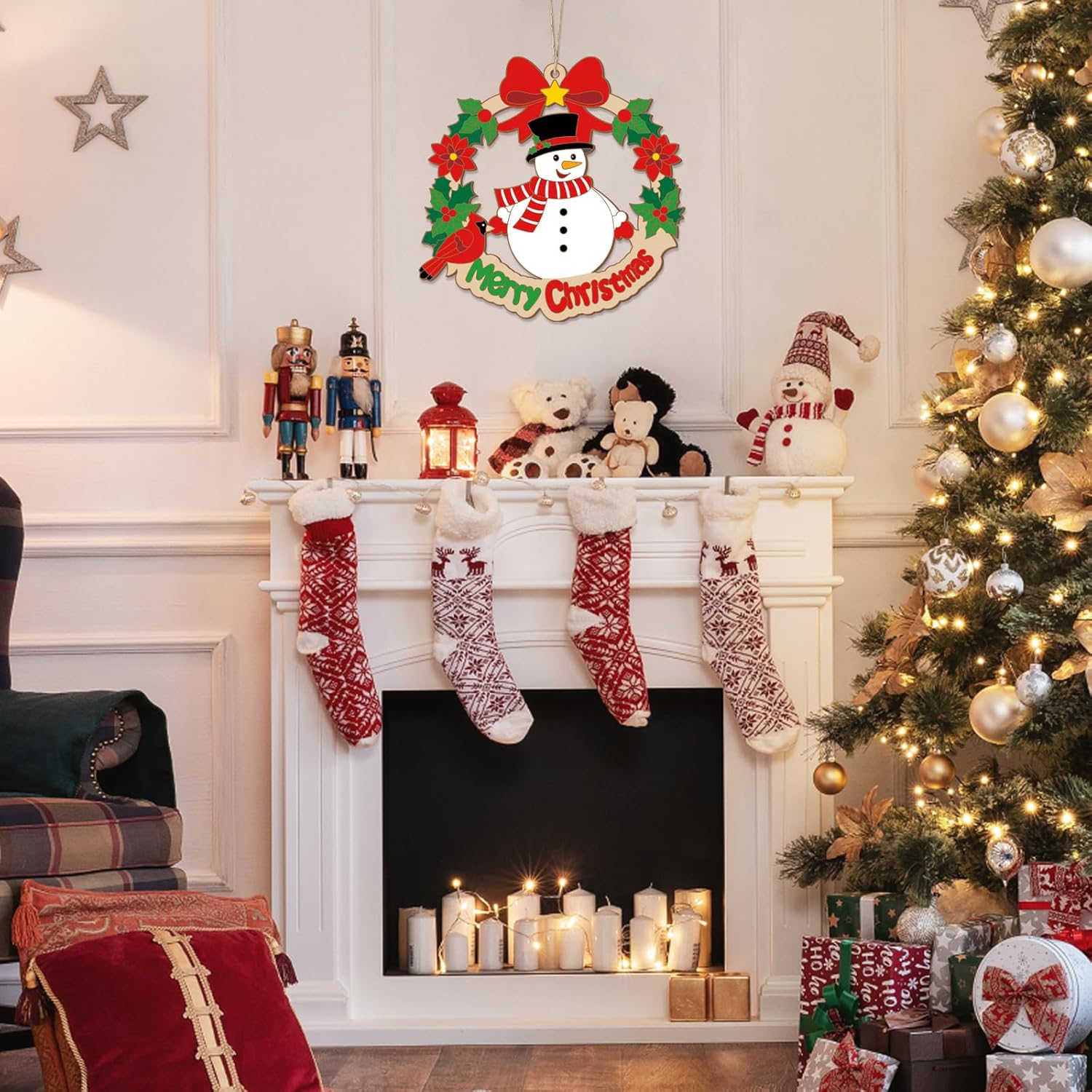 Decorated Christmas fireplace with stockings, wreath, and tree.