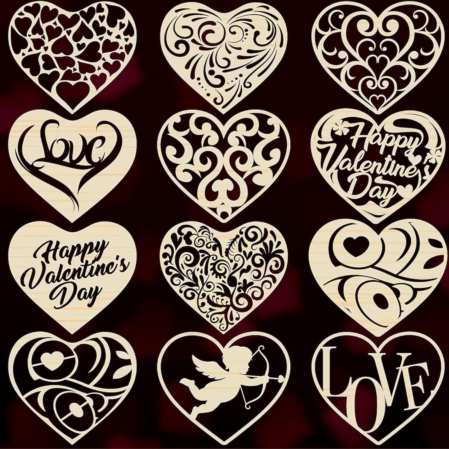 Decorative heart shapes with various designs on a dark background