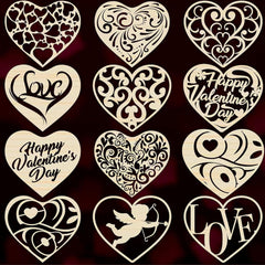 Decorative heart shapes with various designs on a dark background