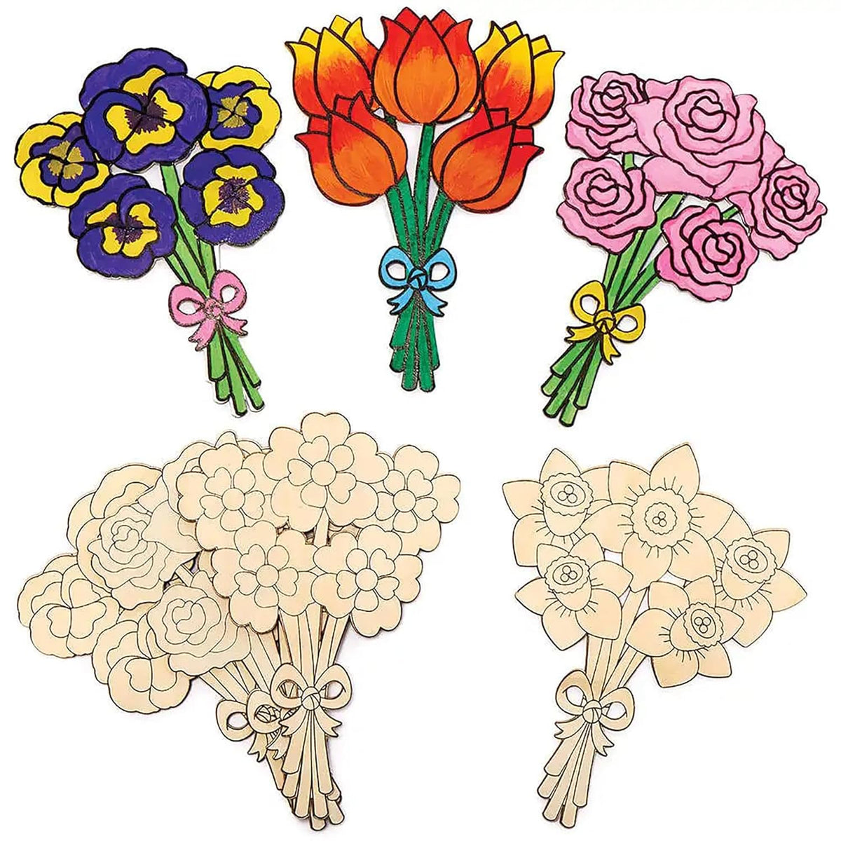 Set of colorful flower bouquets with ribbons on a white background