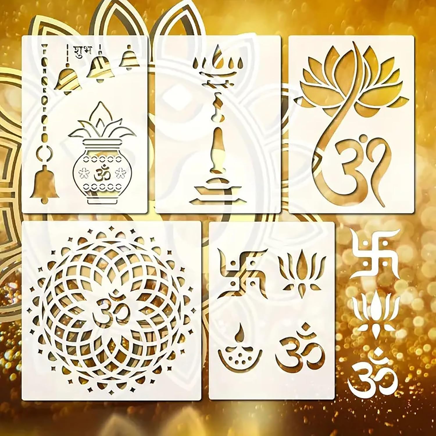 Set of six decorative stencils with religious symbols on a gold background