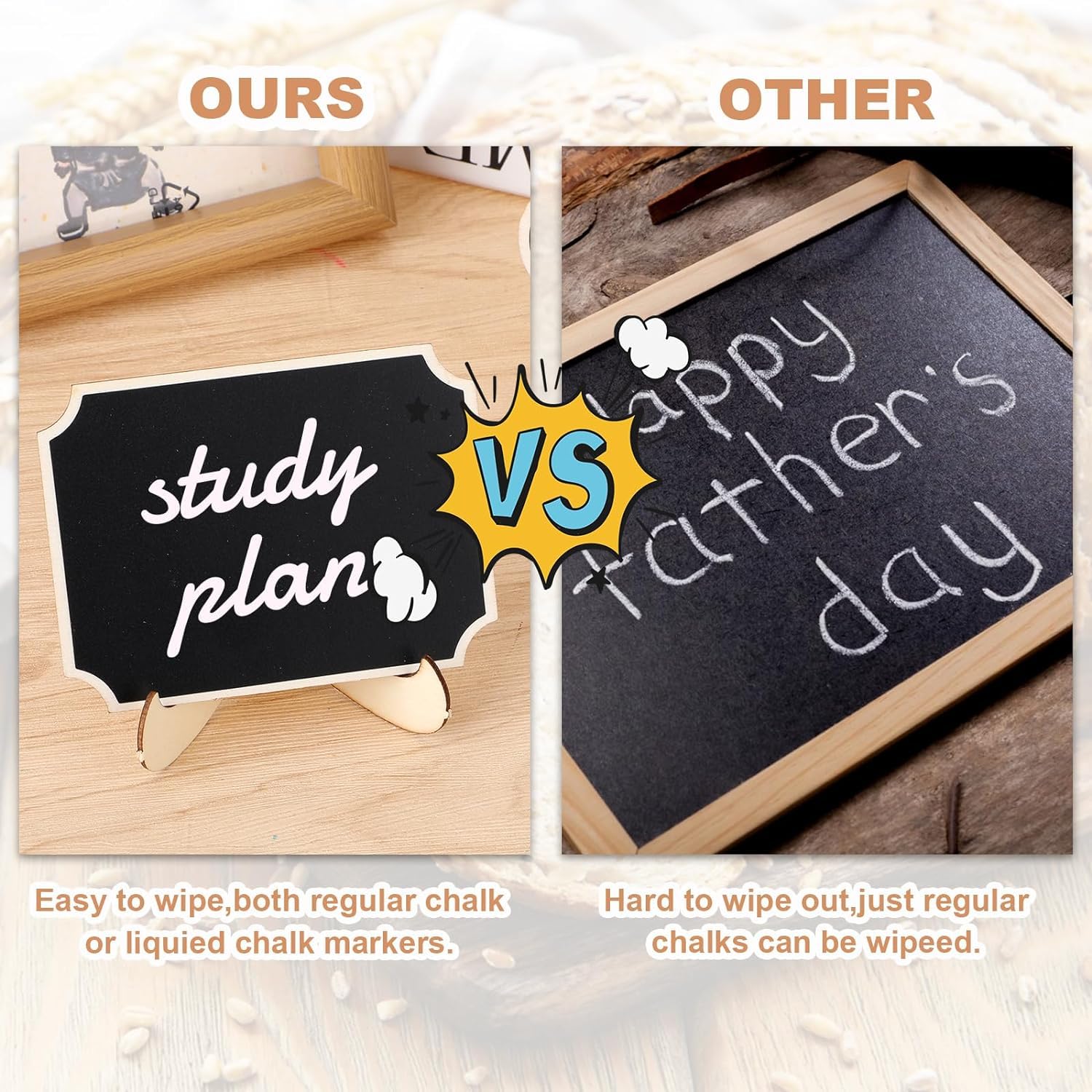 Comparison of a chalkboard with 'study plan' and another with 'Happy Father's Day' text, showing ease of wiping.