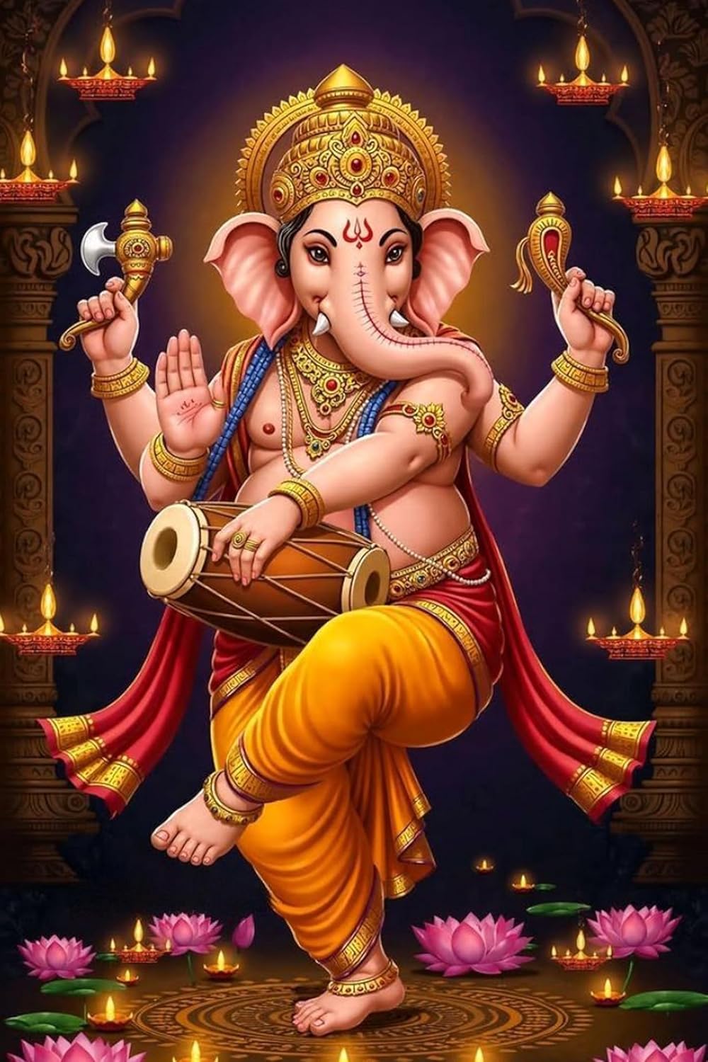 Illustration of Lord Ganesha in a decorative setting with candles and lotus flowers.