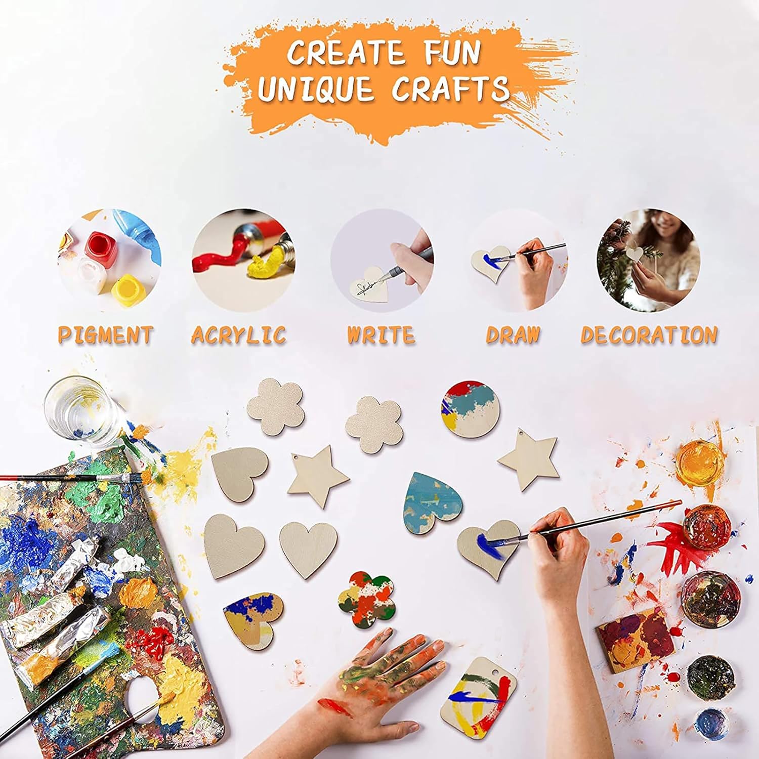 Artistic setup with paint supplies and hands painting, promoting fun and unique crafts.