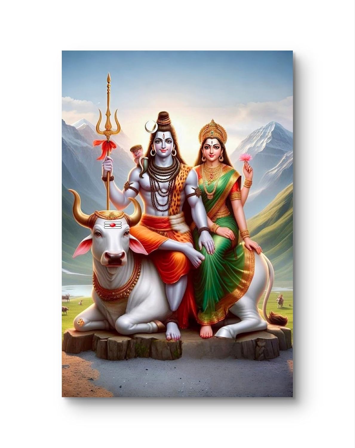 Painting of two deities sitting on a bull with mountains in the background