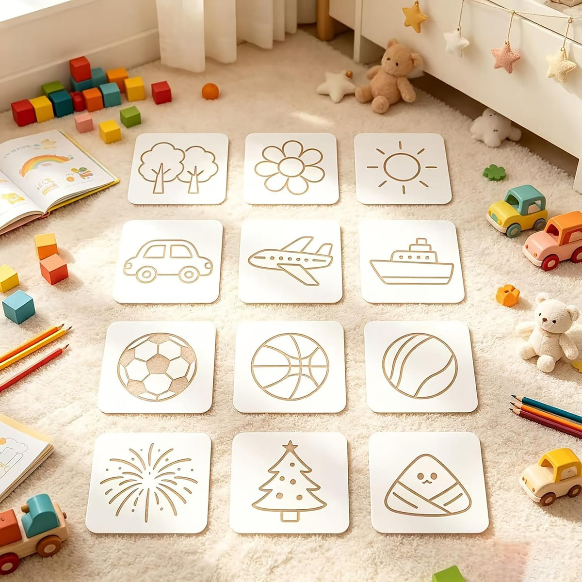 Pack of 12 Reusable Drawing Stencils, Unique Shapes, Washable Craft Art Stencils for Kids, Early Learning, Paper, Fabric, Wood & DIY Crafts, Cliths