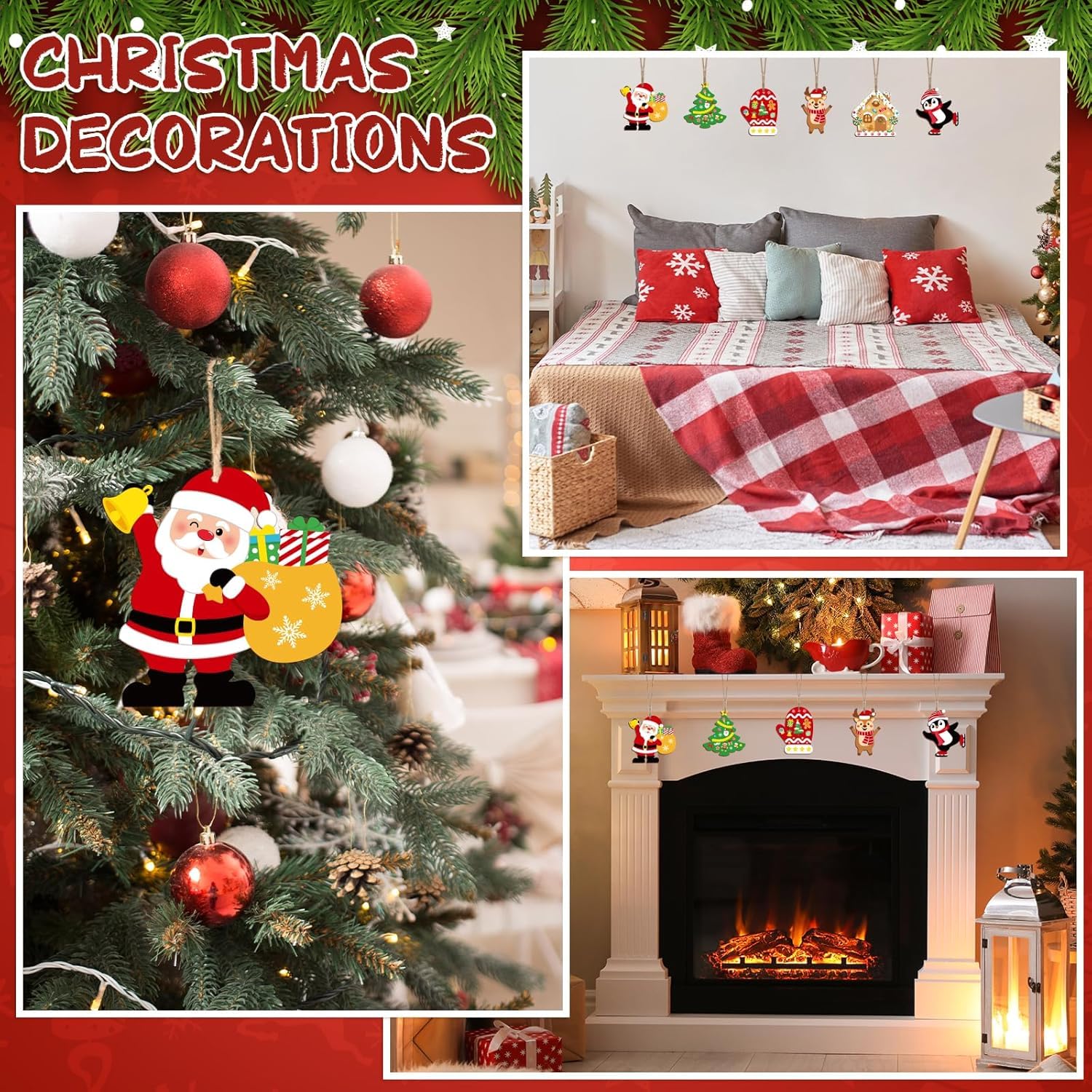 Collage of Christmas decorations including a tree, bedroom, and fireplace.