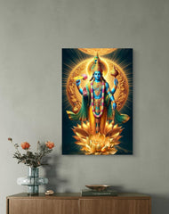 Canvas print of a colorful deity on a wall above a wooden cabinet with decorative items.