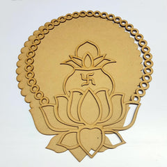 Decorative wooden cutout with lotus design and swastika symbol on a white background