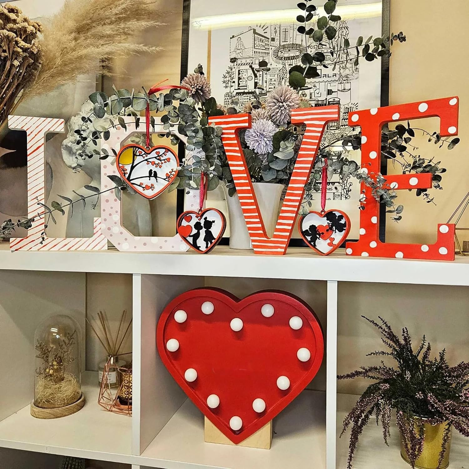 Decorative shelf with 'LOVE' letters and heart-shaped light-up sign.