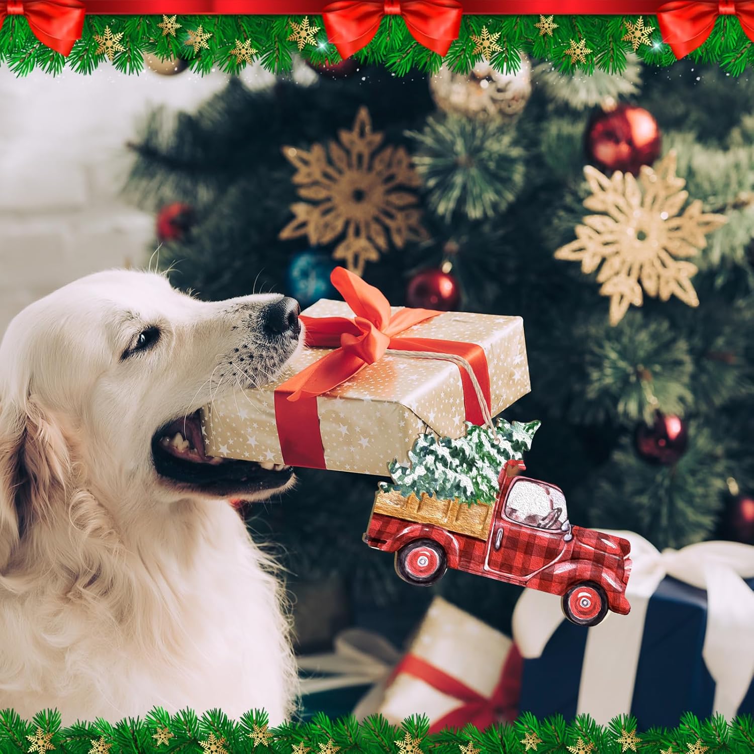 Dog with a Christmas gift and tree ornament in front of a decorated Christmas tree.
