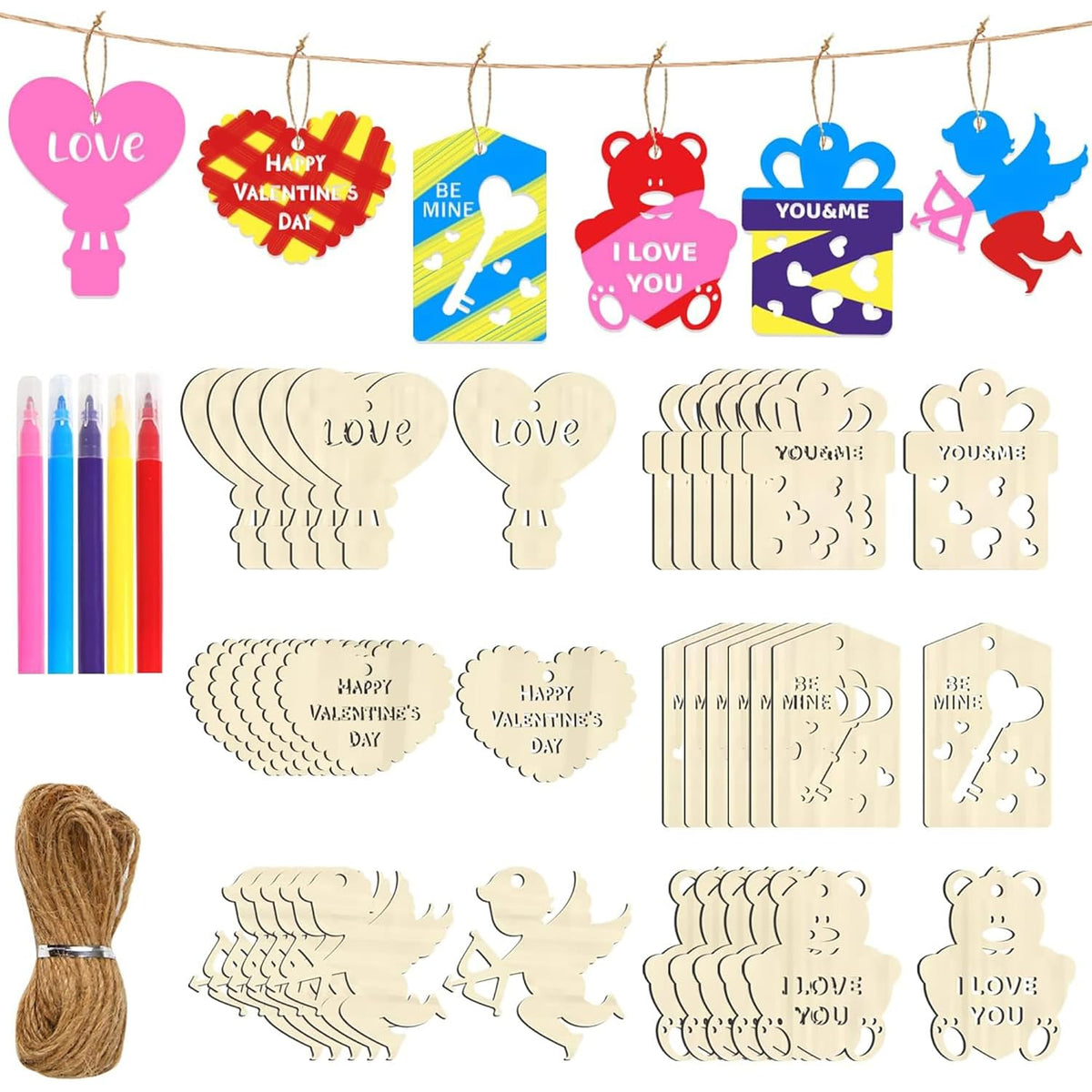Cliths Valentine’s Day Wooden Cutouts MDF Heart, Bear & Gift Box Shapes DIY Craft Blanks for Kids’ Decor & Gifts