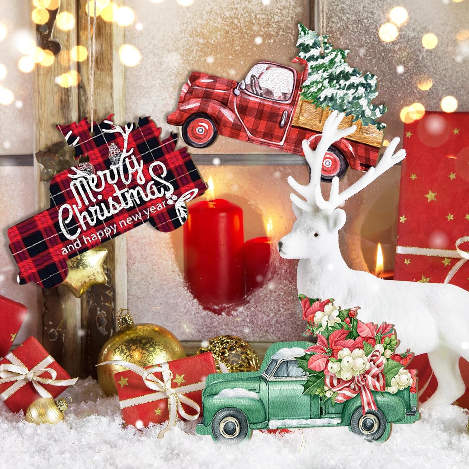 Decorative Christmas scene with red truck, white deer, and gift boxes.