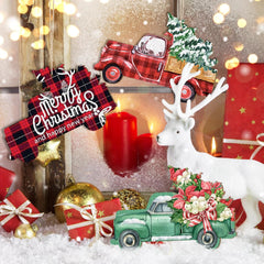 Decorative Christmas scene with red truck, white deer, and gift boxes.