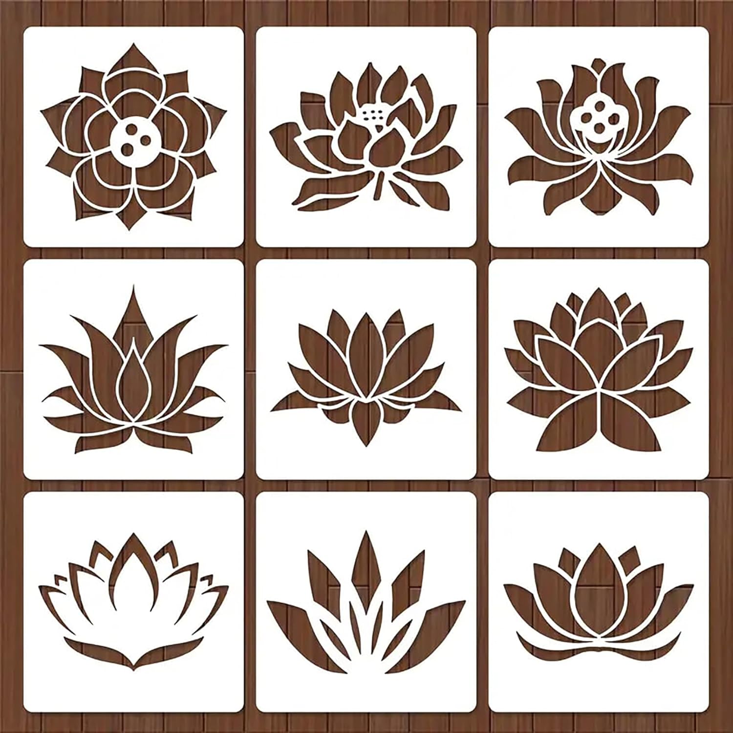Set of nine brown lotus flower stencils on a wooden background