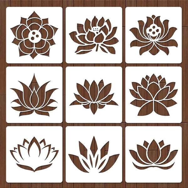 Set of nine brown lotus flower stencils on a wooden background