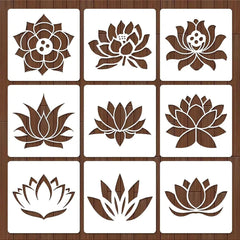 Set of nine brown lotus flower stencils on a wooden background
