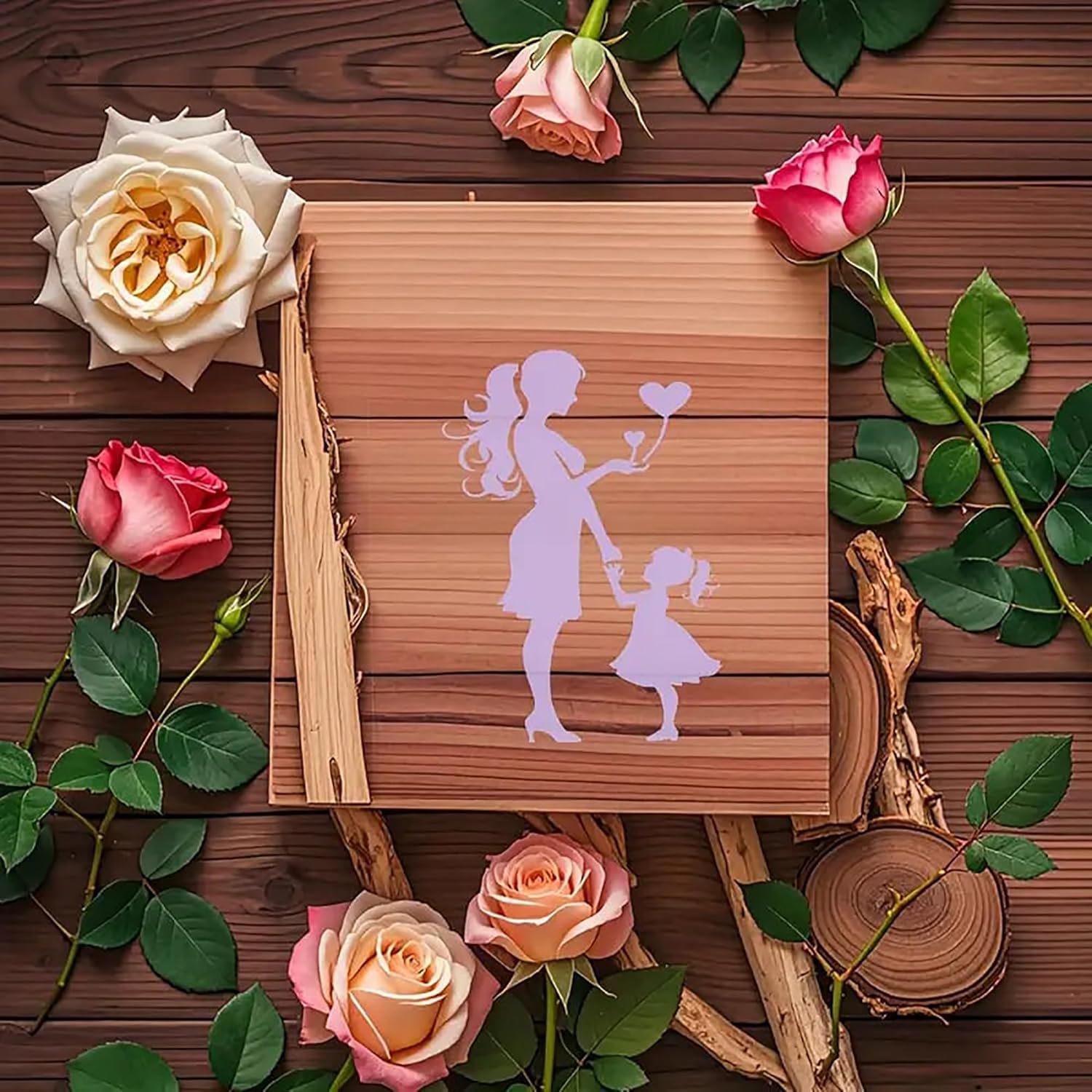 Wooden plaque with a silhouette of a woman and child holding hands, surrounded by roses on a wooden surface.