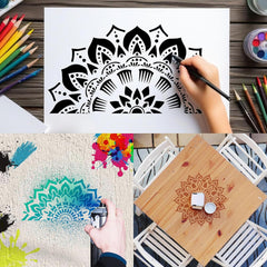 Collage of mandala designs and art supplies on a wooden surface