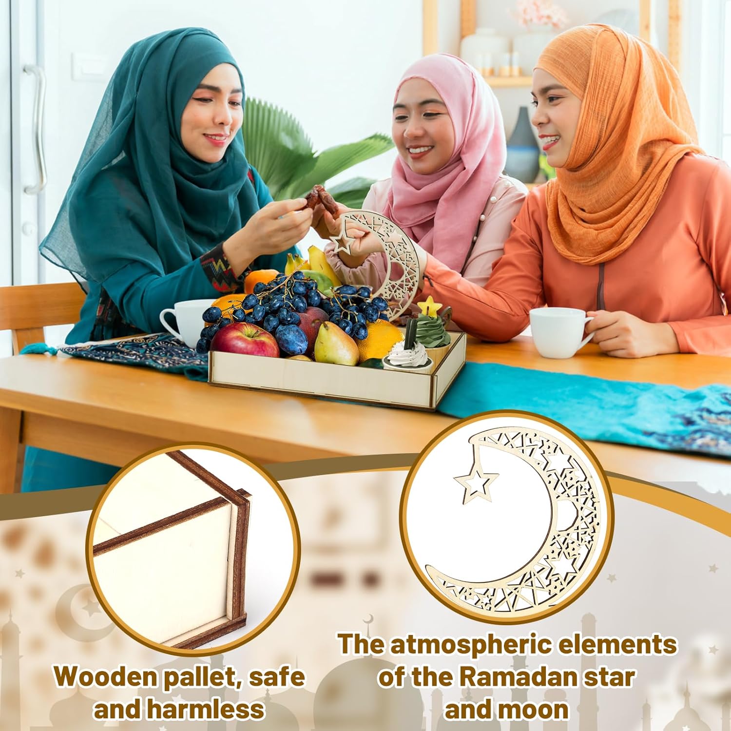 Three women in hijabs sitting around a table with fruits and a wooden pallet, with decorative elements of Ramadan star and moon.