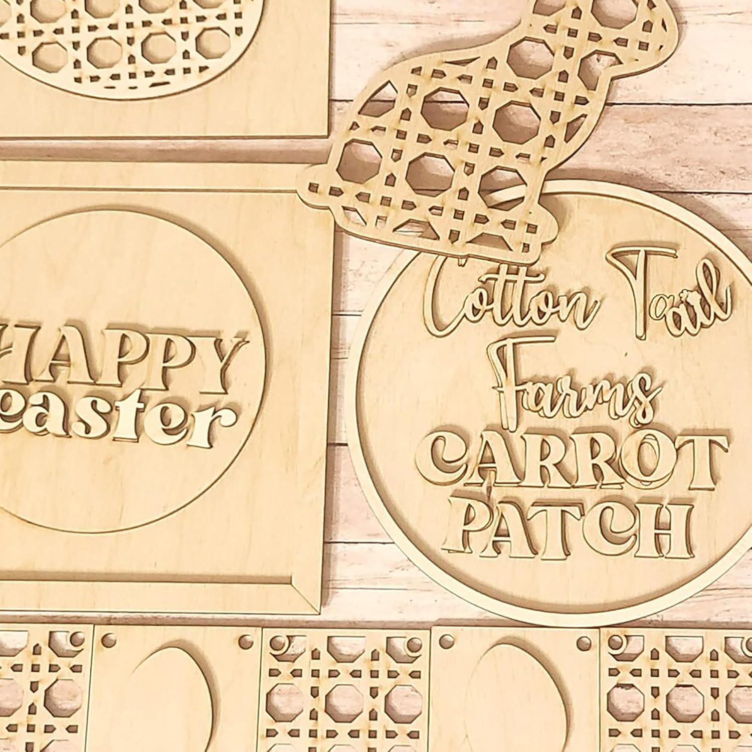 Wooden Easter decorations with 'Happy Easter' and 'Cotton Tail Farms Carrot Patch' text on a wooden background.