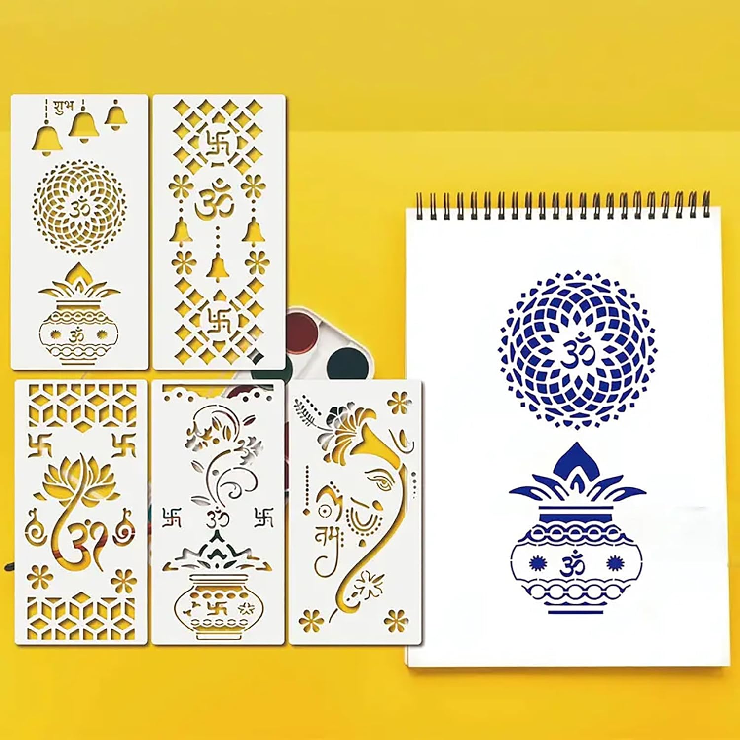 Set of decorative stencils with religious symbols on a yellow background