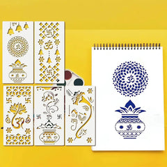 Set of decorative stencils with religious symbols on a yellow background