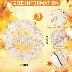 Wooden pumpkin wreath with 'hello pumpkin' text, size information, and material details on a colorful background.
