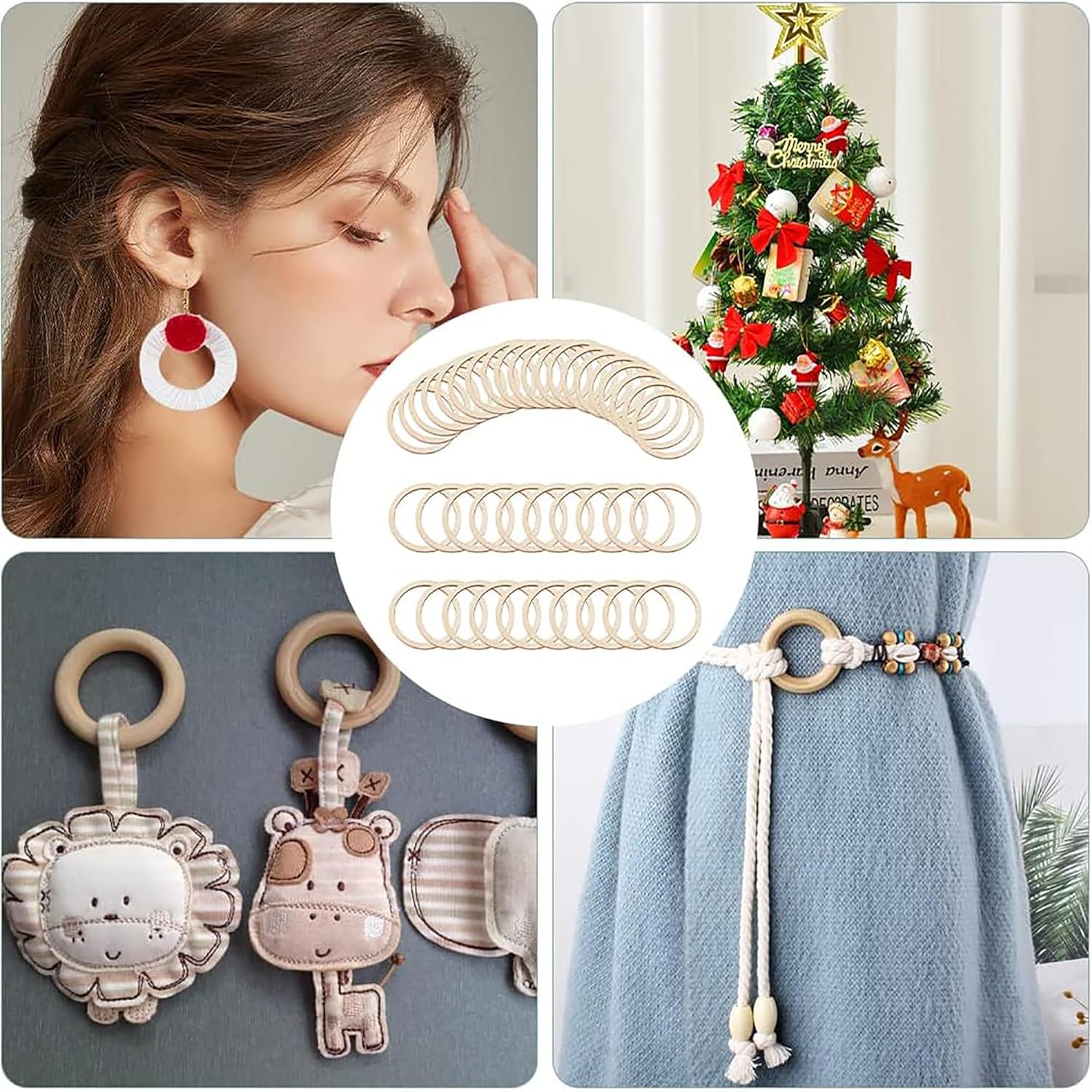 Collage of a woman wearing earrings, Christmas tree with decorations, and various baby toys and holders.