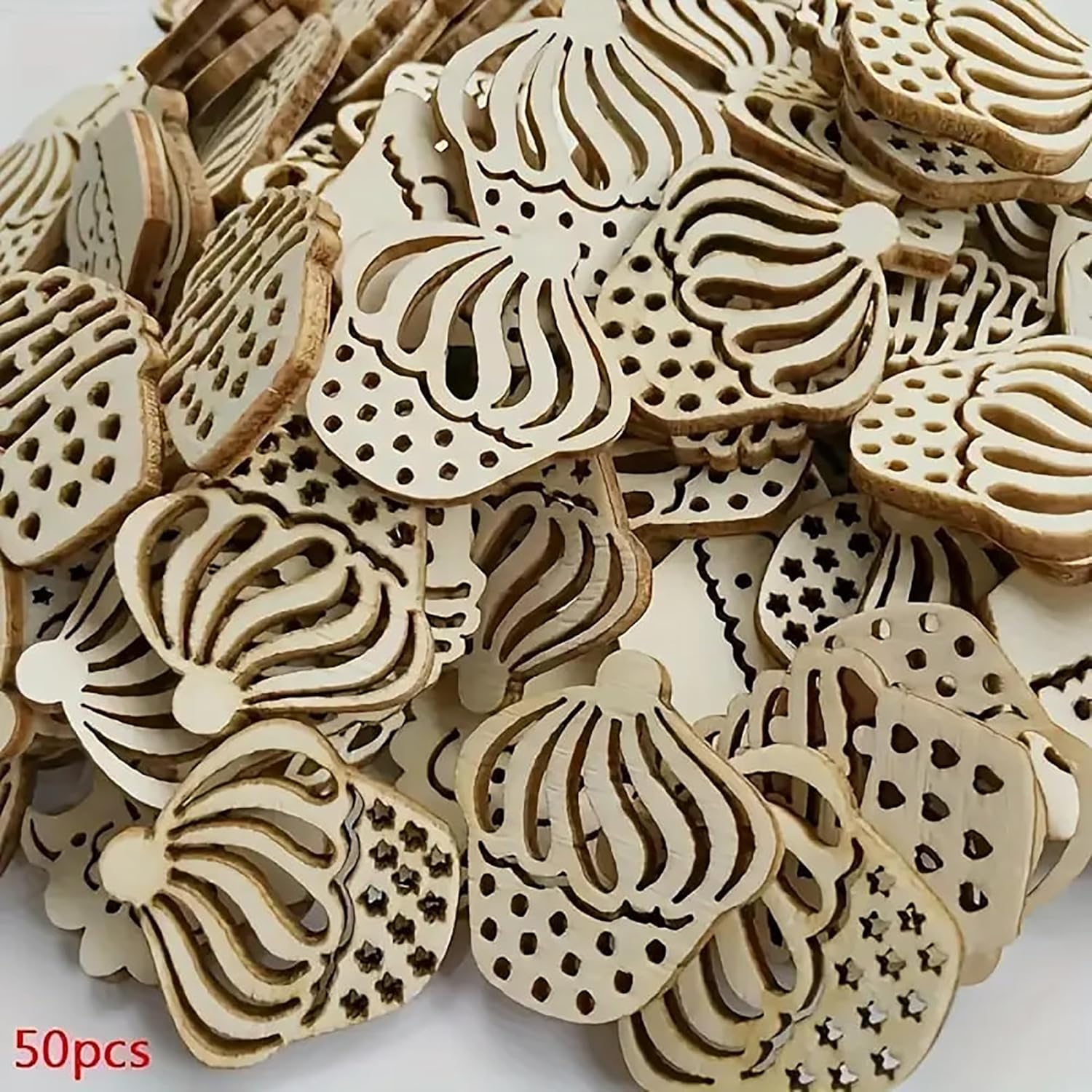 Wooden pumpkin-shaped decorations with laser cut patterns on a white background, labeled '50pcs'.