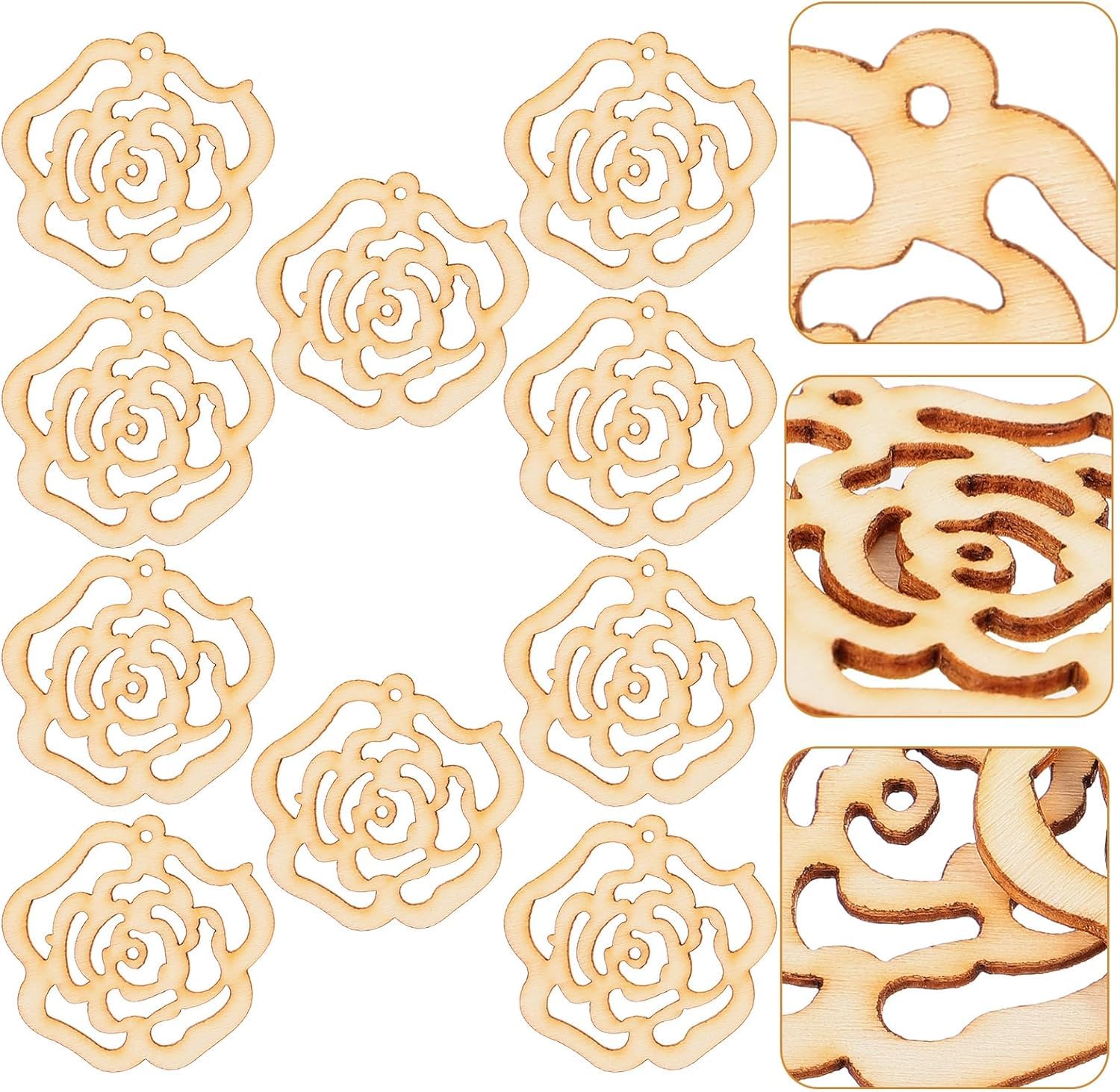 Set of wooden rose-shaped cutouts on a white background