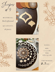 Decorative cutouts on a beige background with material details.