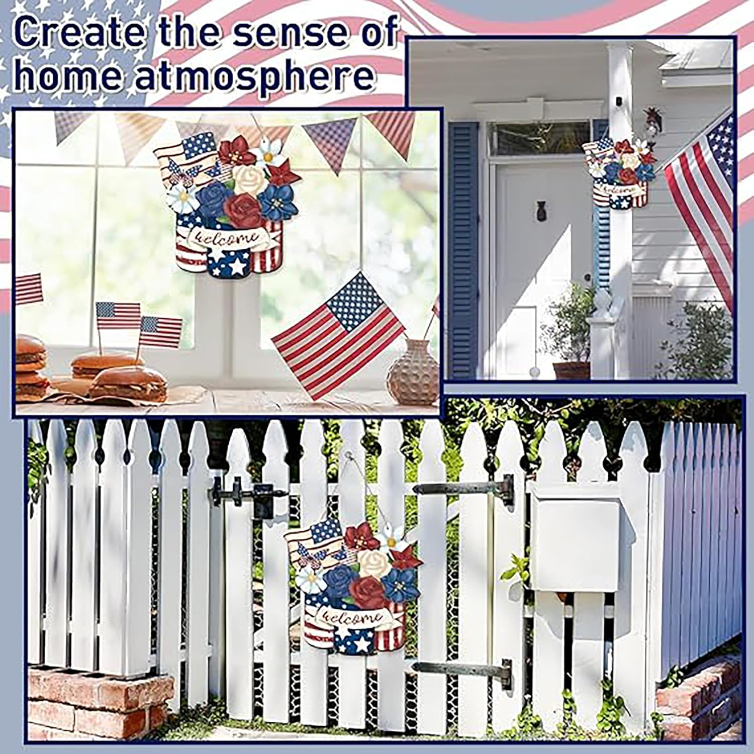 Decorative elements for creating a patriotic home atmosphere with flags and floral decorations.