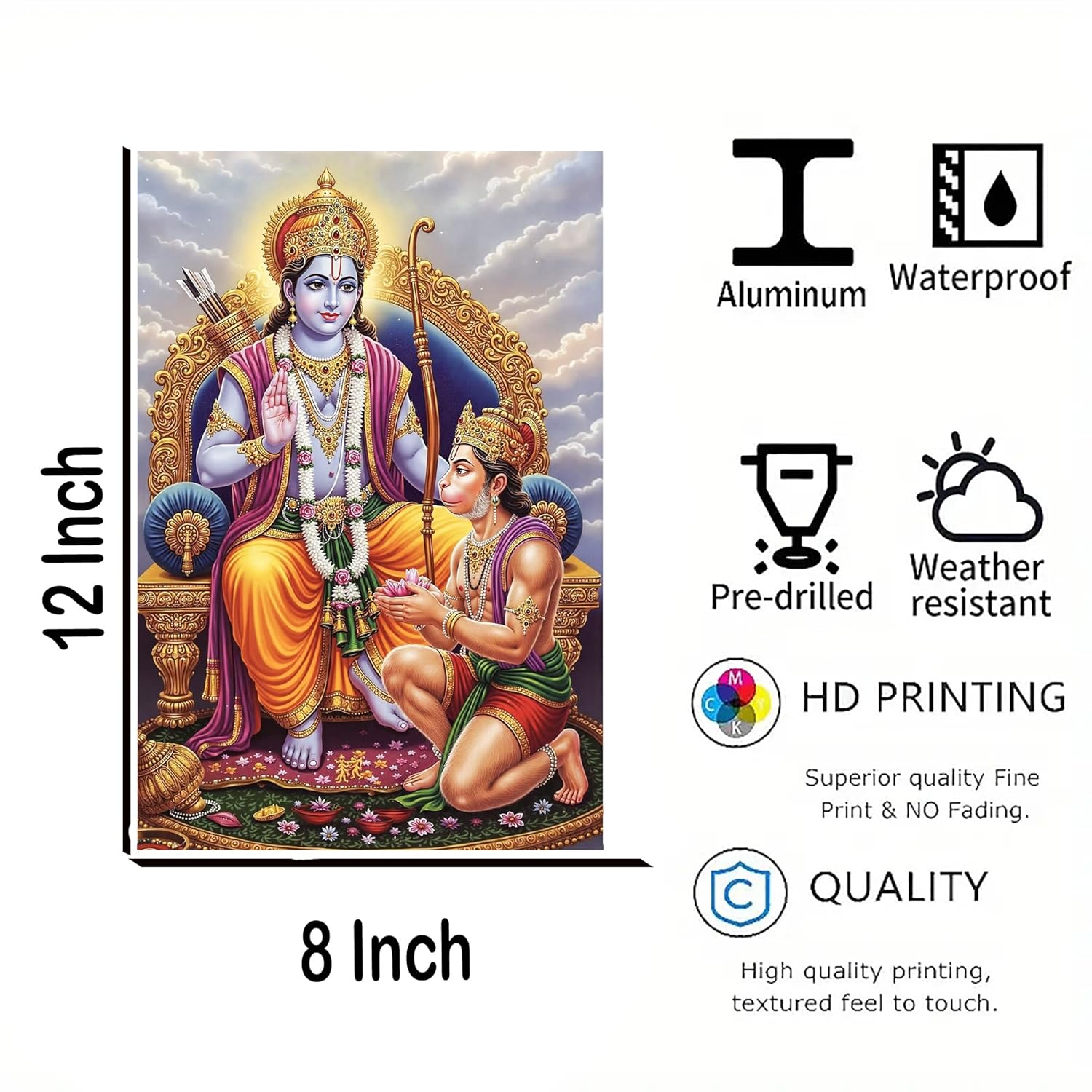 Decorative item with religious design, size 12x8 inches, featuring waterproof, pre-drilled, weather-resistant, HD printing, and high-quality quality attributes.