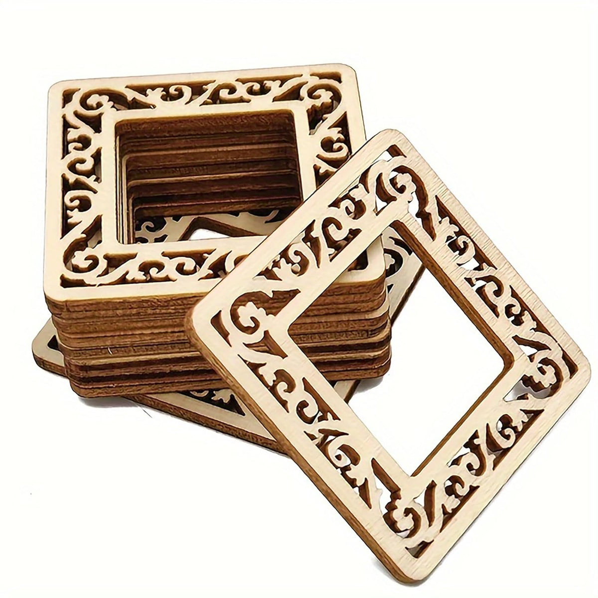 Wooden coasters with intricate laser-cut designs on a white background