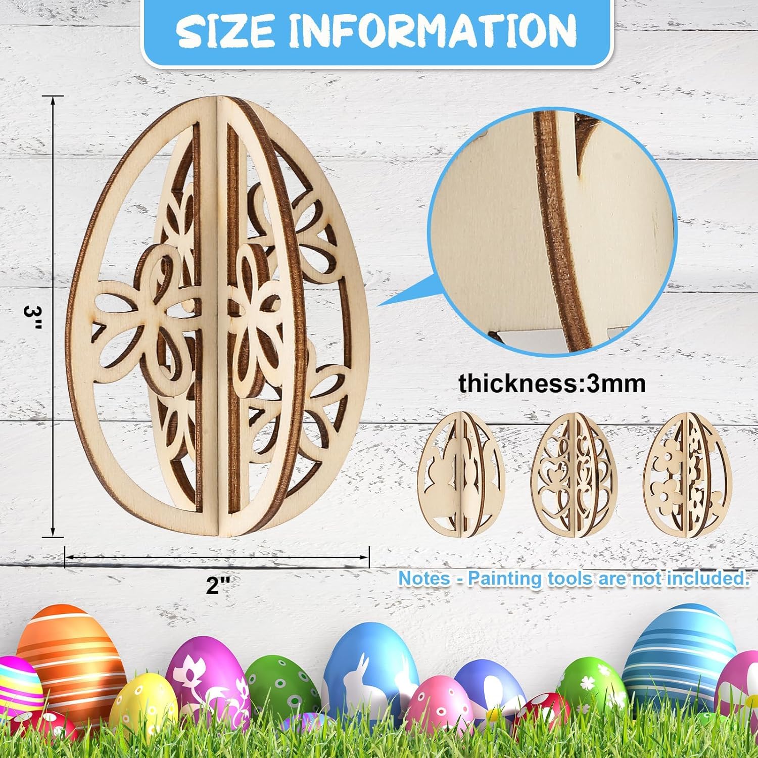 Wooden Easter egg with cut-out design, size information, and colorful Easter eggs on grass.