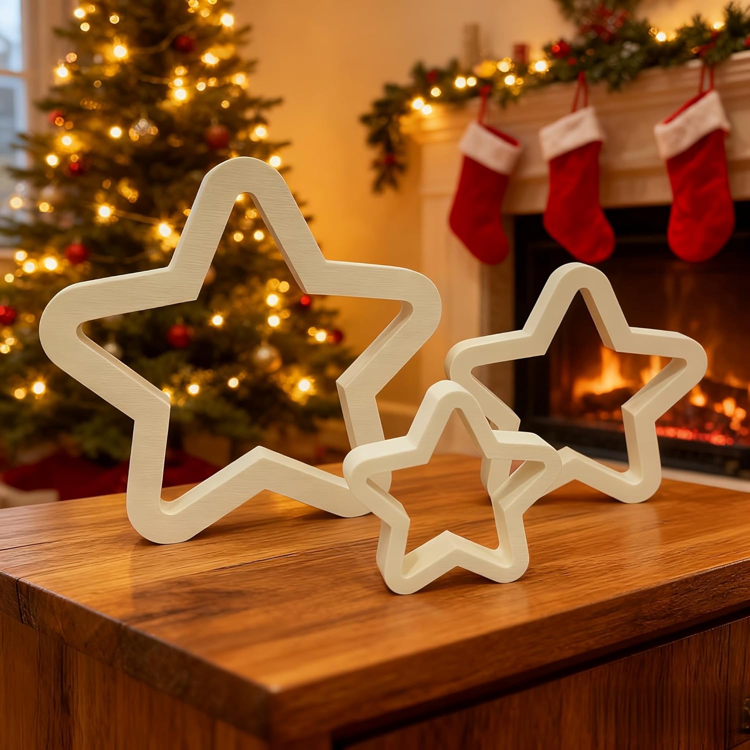 Decorative star-shaped objects on a wooden surface with a Christmas tree and stockings in the background.