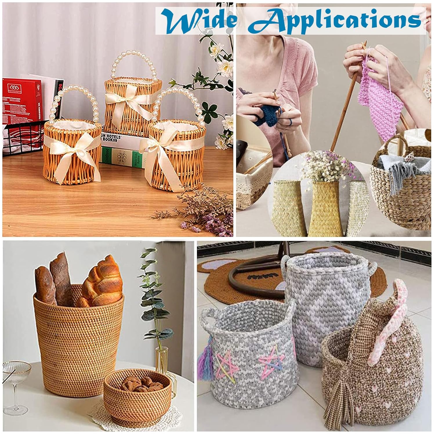 Collage of various woven baskets and containers with different uses.