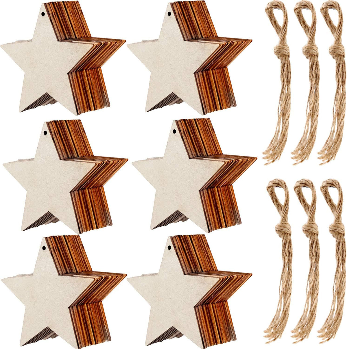 Wooden star-shaped ornaments with brown accents and twine strings on a white background