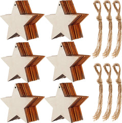 Wooden star-shaped ornaments with brown accents and twine strings on a white background