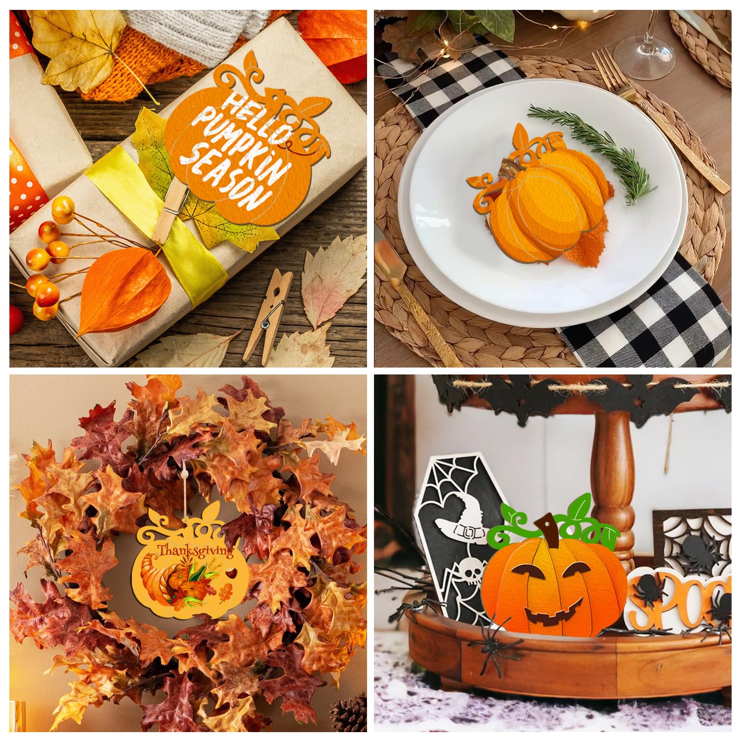 Collage of Halloween and autumn-themed decorations including a pumpkin-themed card, a table setting with pumpkins, a wreath, and a decorative stand with pumpkins.
